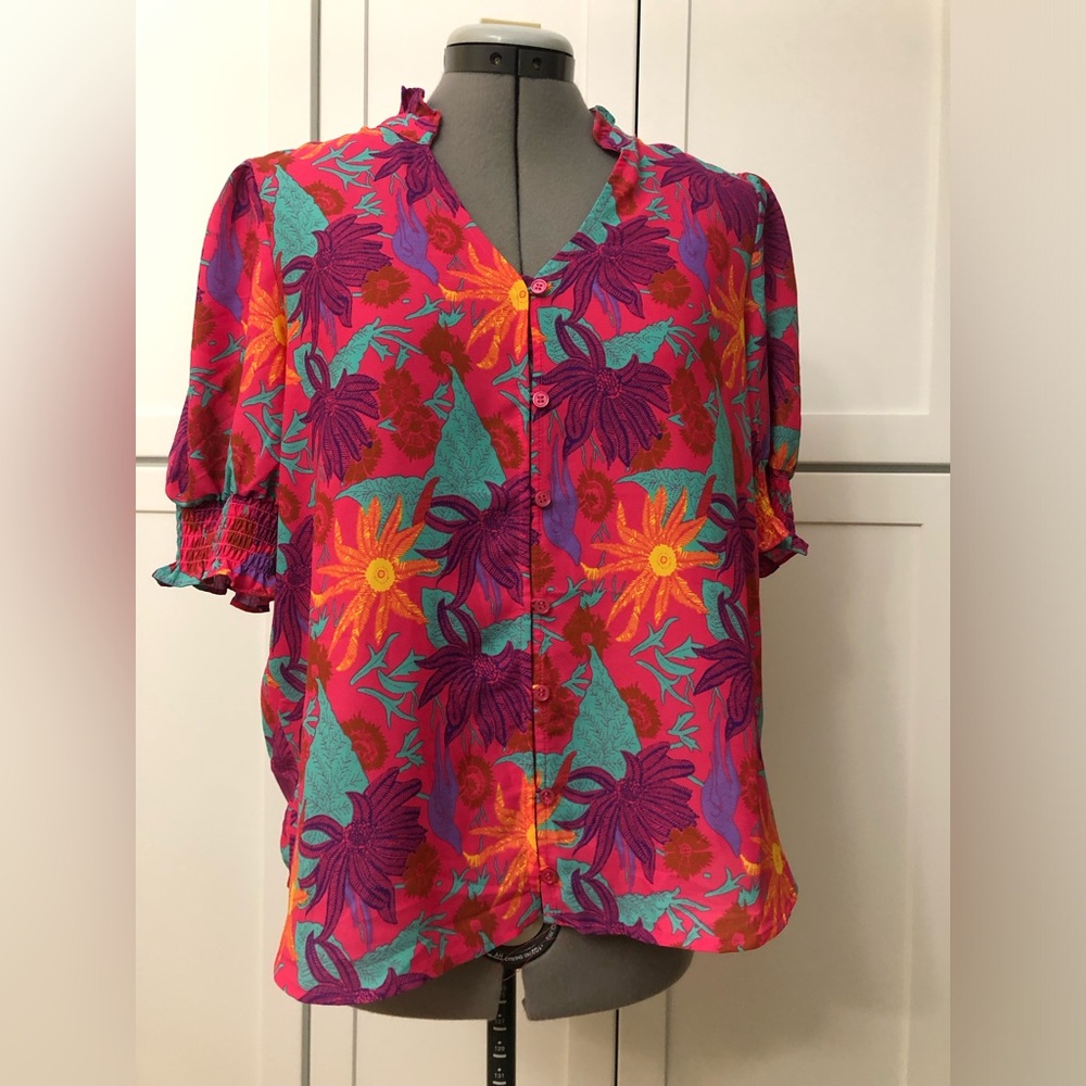 Pleione Bright Pink Floral Button-Down Blouse with Teal & Yellow Accents